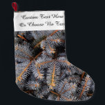 Custom Text Winter Evergreen Pine Spruce Blue Tree Large Christmas Stocking<br><div class="desc">Such a simple and elegant design and would look wonderful in any rustic farmhouse cottage. At the top will be space for custom text. The background is of a winter evergreen or pine spruce tree.</div>