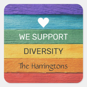 Custom Text Wood-Textured Rainbow Square Sticker