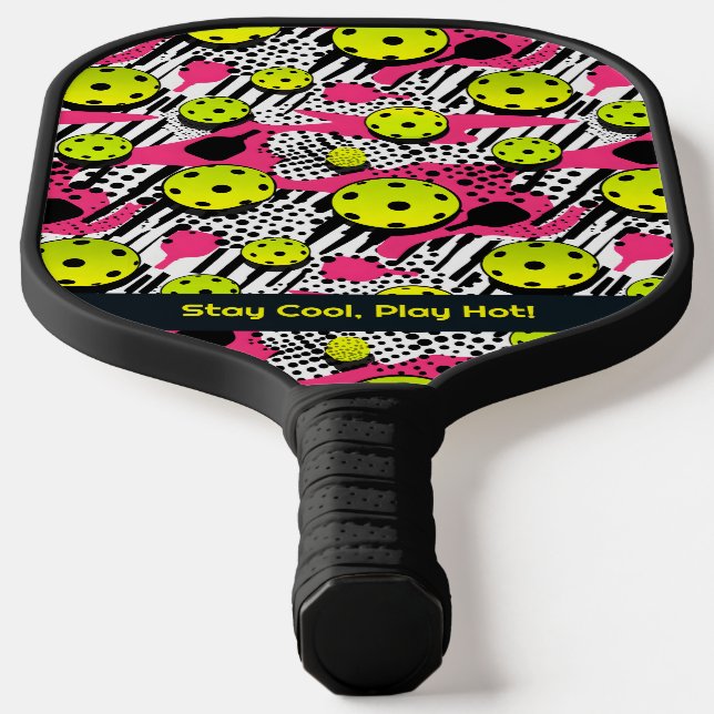 Custom text yellow pickleballs on pink pickleball paddle (Laydown)