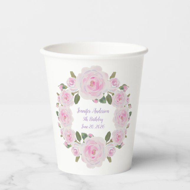 Custom Texts, Pink Roses Wreath Paper Cups Party (Front)
