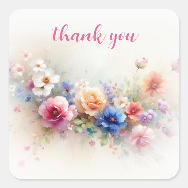 Custom Thank You Elegant Modern Aquarell Floral Square Sticker (Front)
