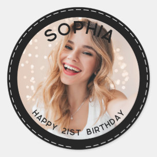 Custom Thank You Simple Modern 21st Birthday Photo Classic Round Sticker