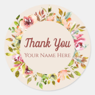 Custom Thank You Typography With Watercolor Flower Classic Round Sticker