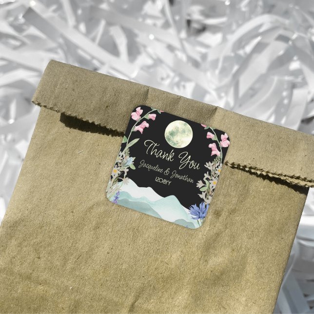 Custom Thank You Wedding WildFlower Mountains Moon Square Sticker (Creator Uploaded)