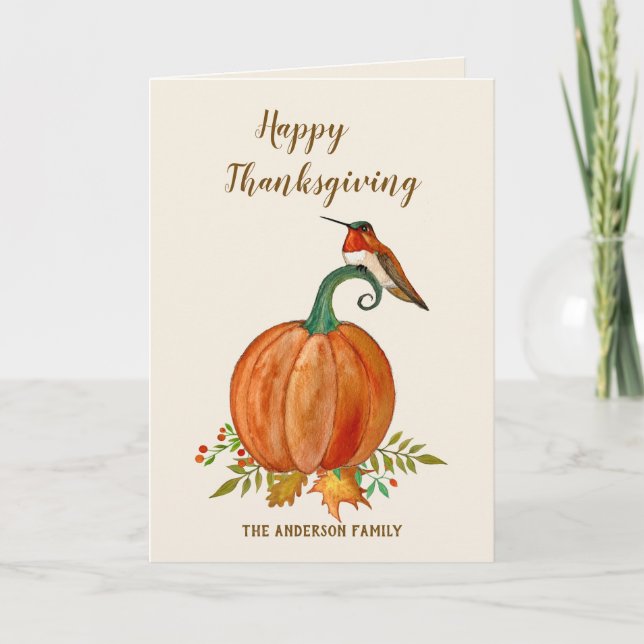 Custom Thanksgiving Hummingbird and Pumpkin Card (Front)