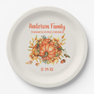 Custom Thanksgiving Orange Pumpkins Fall Leaves Paper Plate