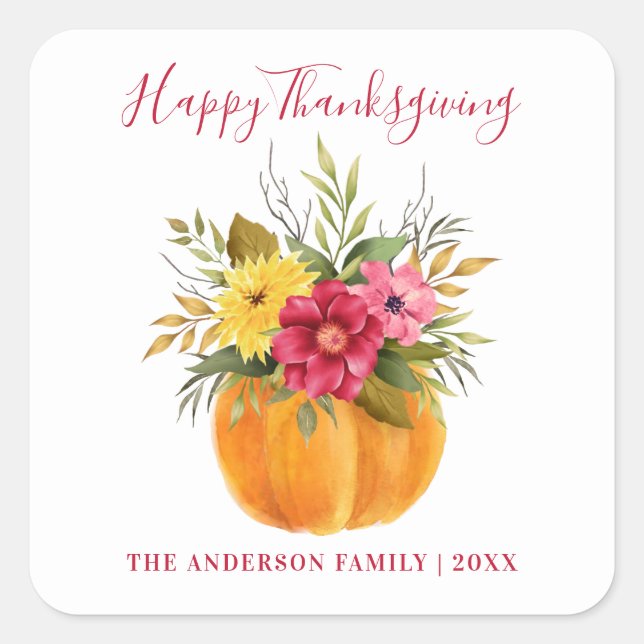 CUSTOM THANKSGIVING WATERCOLOR PUMPKIN FLORAL  SQUARE STICKER (Front)