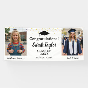 Custom Then and Now 2 Photo Graduation Gold White Banner
