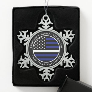 Custom Thin White Line USA Flag EMS EMT  Snowflake Pewter Christmas Ornament