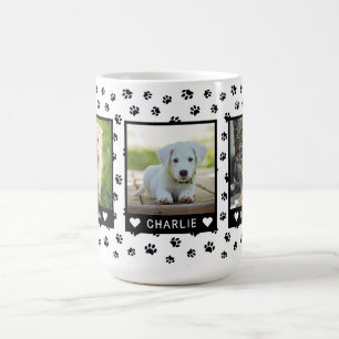 Custom Three Pet Photos Names Black Paw Prints Coffee Mug