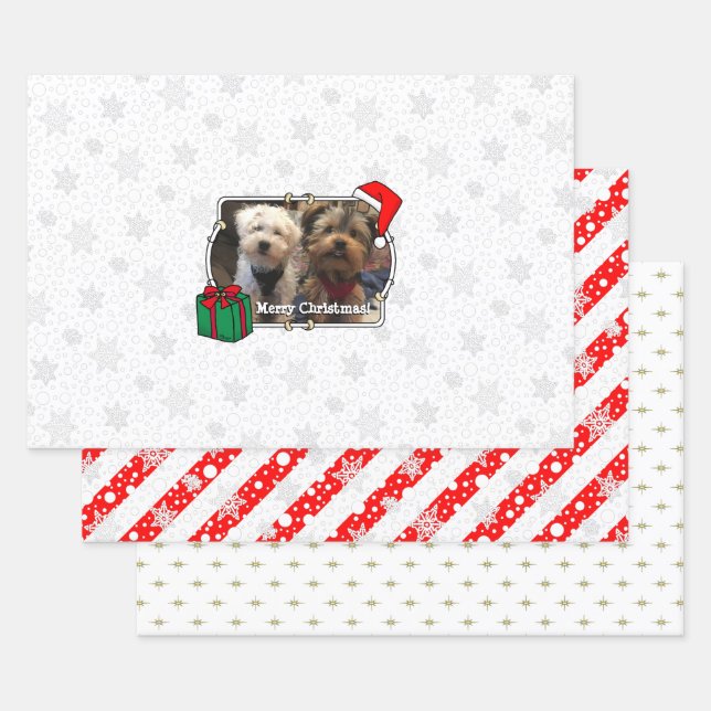 Custom Three Photo Pet Christmas Santa Hat Wrapping Paper Sheet (Set)