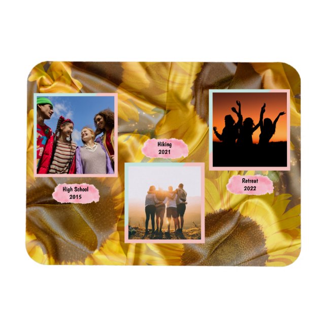 Custom Three Photo Text Silk Sunflowers Decoupage Magnet (Horizontal)