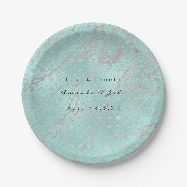 Custom Tiffany Grey Hearts Silver Marble VIP Paper Plate (Front)