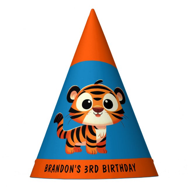 Custom Tiger Blue Orange Boy 3rd Birthday Party Hat (Front)