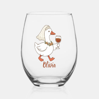 Custom Tipsy Bride Duck Cute Bachelorette Party Stemless Wine Glass