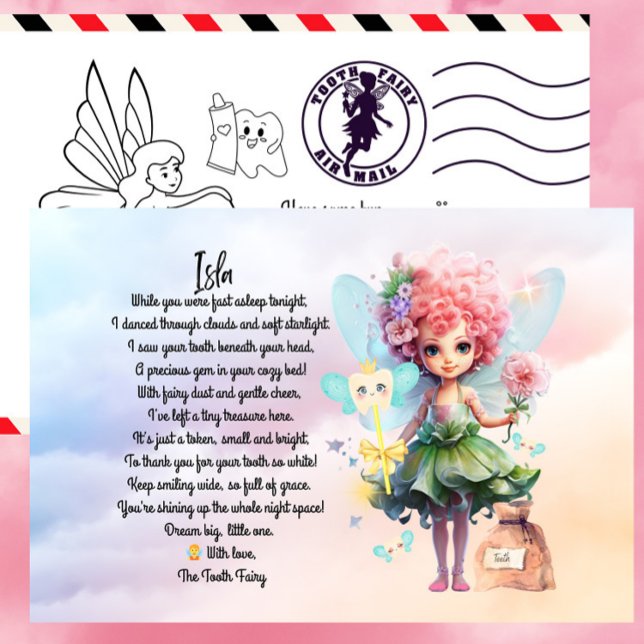Custom Tooth Fairy Postcard For Kids (Personalized Tooth Fairy Post Card With Colouring In Activity on The Back)