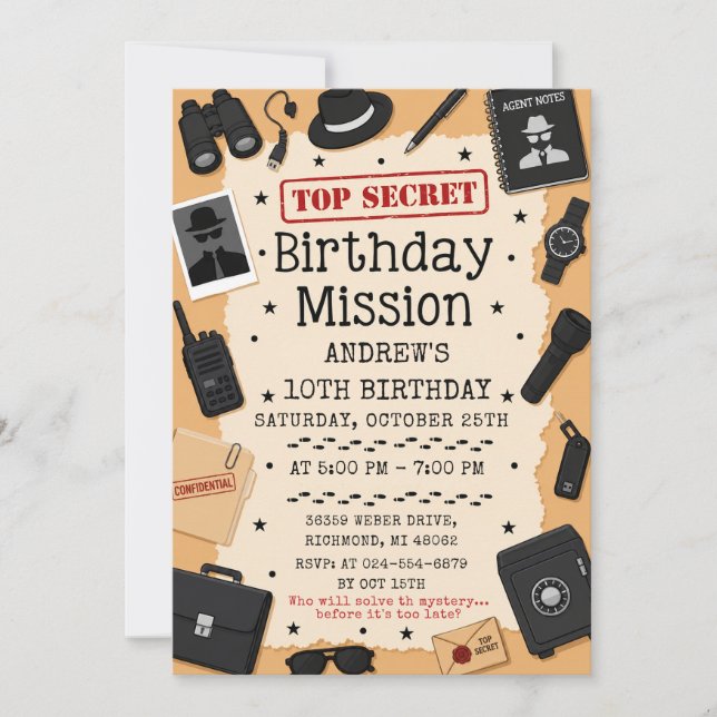 Custom Top Secret Spy Birthday Invitation (Front)