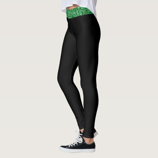 Custom Top Stripe Irish Green Glitter Black Leggings (Left)