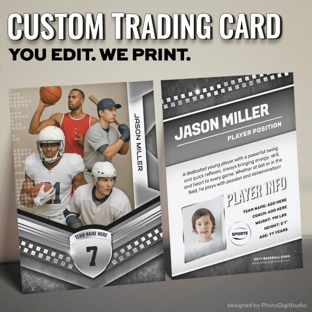 Custom Trading Card, Black Silver Sport Template Calling Card (Custom Sports Trading Card Template | Modern Black Silver Design for All Sports)