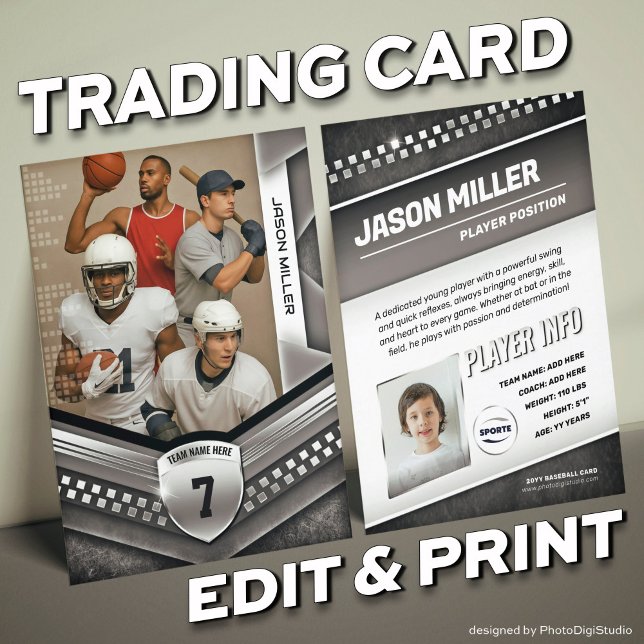 Custom Trading Card, Black Silver Sport Template Calling Card (Custom Sports Trading Card Template | Modern Black Silver Design for All Sports)