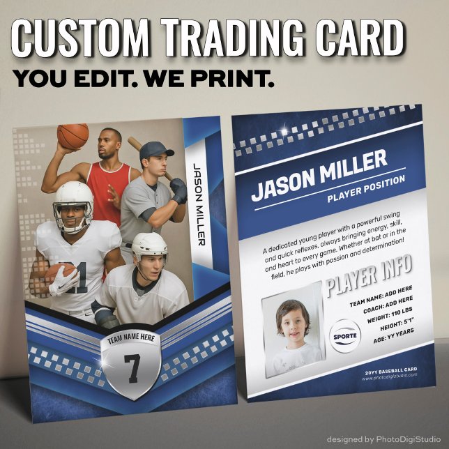 Custom Trading Card, Blue Silver Sport Template Calling Card (Custom Trading Card Template, All Sport Trading Card, Modern Blue Silver Design for All Sports)