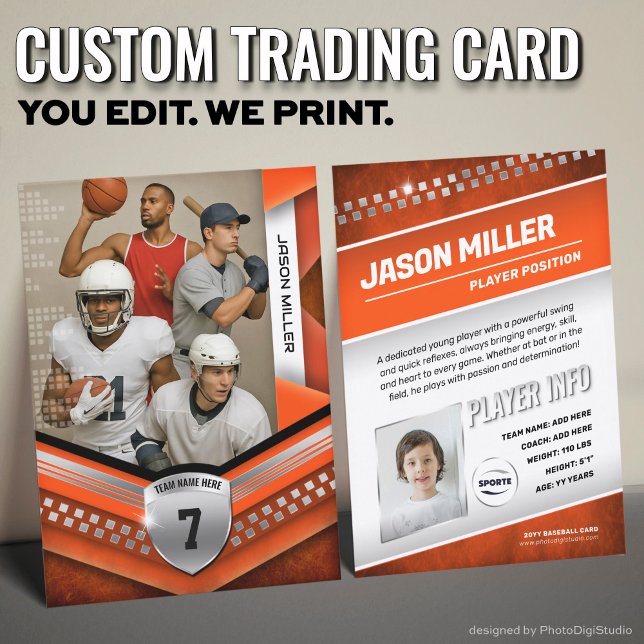 Custom Trading Card, Orange Silver Sport Template Calling Card (Custom Trading Card Template, All Sport Trading Card, Modern Orange Silver Design for All Sports)
