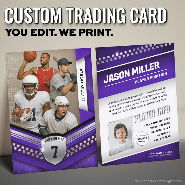 Custom Trading Card, Purple Silver Sport Template Calling Card (Custom Trading Card Template, All Sport Trading Card, Modern Purple Silver Design for All Sports)