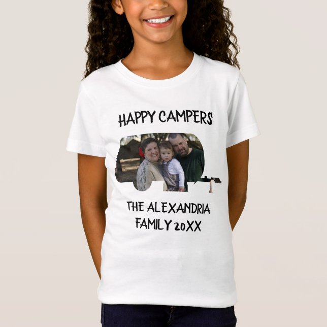 Custom trailer caravan family photo happy campers T-Shirt (Front)