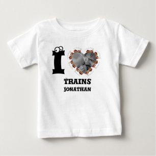 Custom train heart photo I love trains for kids Baby T-Shirt