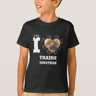 Custom train heart photo I love trains for kids T-Shirt
