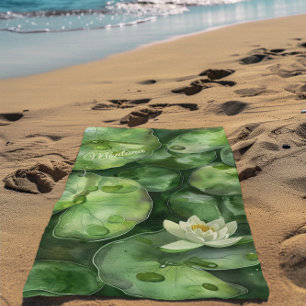 Custom Tranquil Watercolor Pond Lotus Art Gift Beach Towel