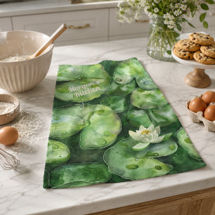 Custom Tranquil Watercolor Pond Lotus Art Gift Tea Towel