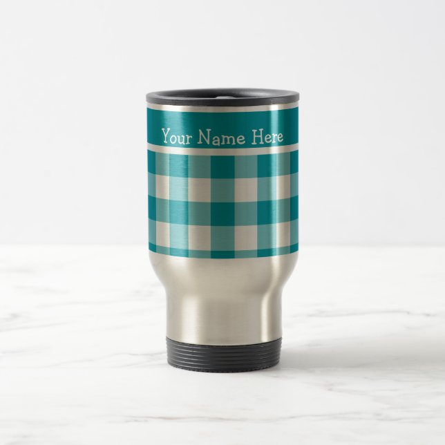 Custom Travel Mug, Teal and White Check Gingham Mug (Center)