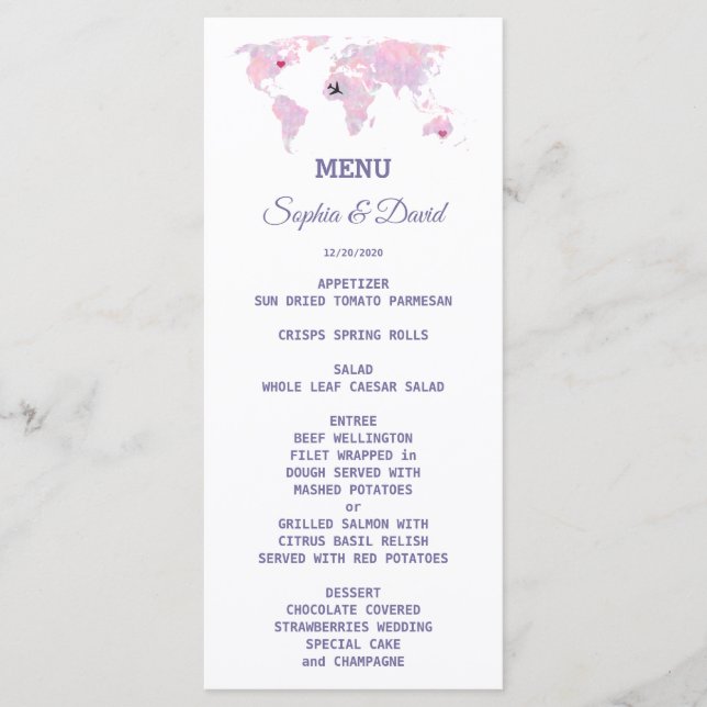 Custom Travel Watercolor World Map Wedding Menu (Front)