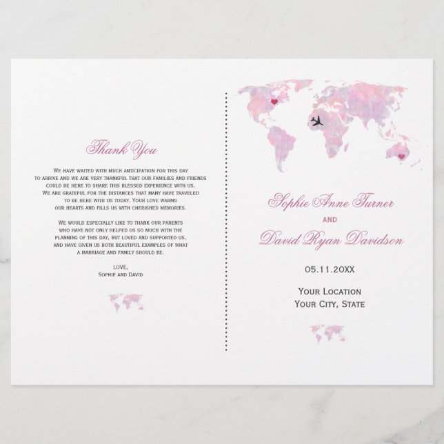 Custom Travel Watercolor World Map Wedding Program (Front)