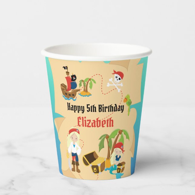 Custom Treasure Map Girl Pirate Birthday Party Paper Cups (Front)