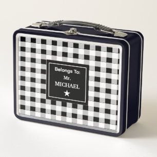  Custom Trendy Black White Grey Chequered Pattern Metal Lunch Box
