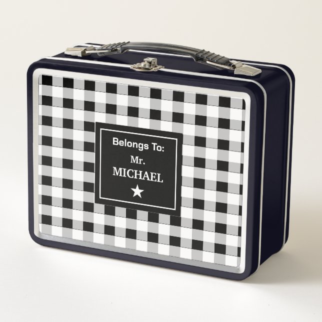 Custom Trendy Black White Grey Chequered Pattern Metal Lunch Box (Front)