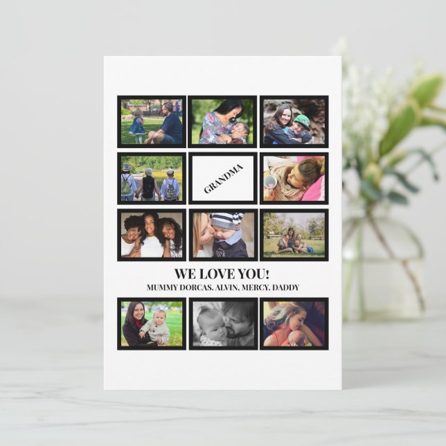 Custom Trendy Grandma Mothers Day 11 Photo Collage Holiday Card (Standing Front)