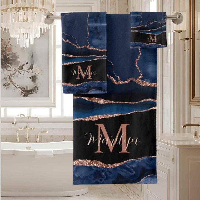 Custom Trendy Navy Blue Agate Rose Gold Glitter Bath Towel Set (Creator Uploaded)