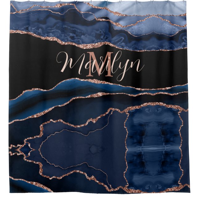 Custom Trendy Navy Blue Agate Rose Gold Glitter Shower Curtain (Front)