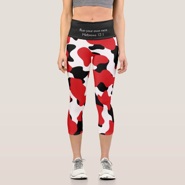 Custom Trendy Red Black Cow Print Capri Leggings (Front)