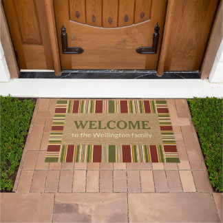 Custom Trendy Red Green Stripes Vintage Welcome Do Doormat