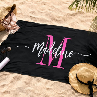 Custom Trendy Stylish Monogram Name Script Pink Beach Towel