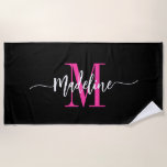 Custom Trendy Stylish Monogram Name Script Pink Beach Towel<br><div class="desc">Modern, trendy and stylish beach towel with your custom name and initial in a chic script calligraphy design with swirl flourishes (be sure to keep emoticons or spaces next to full name in place for swirls to remain). This is the hot cool pink and black version. Easy to customise size...</div>
