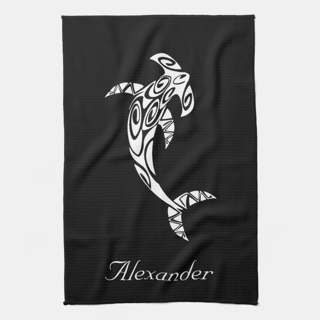 Custom Tribal Hammerhead Shark Illustration Tea Towel (Vertical)