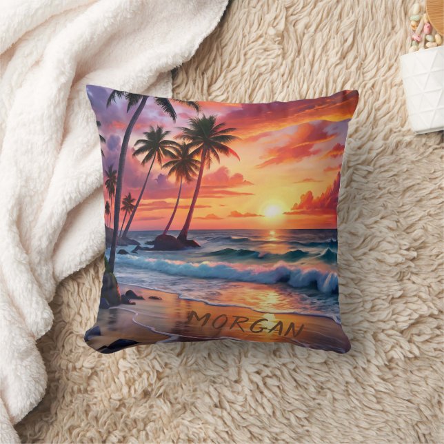 Custom Tropical Beach Sunset | Coastal Art Cushion (Blanket)