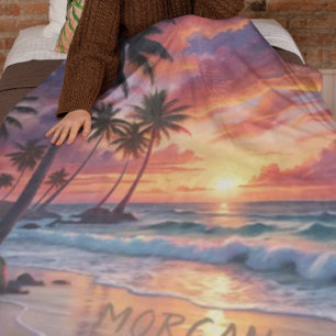 Custom Tropical Beach Sunset   Coastal Art Fleece Blanket