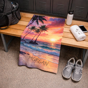Custom Tropical Beach Sunset   Coastal Sport Hand Towel