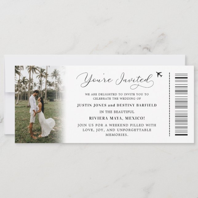 Custom Tropical Destination Boarding Pass Wedding Invitation (Front)